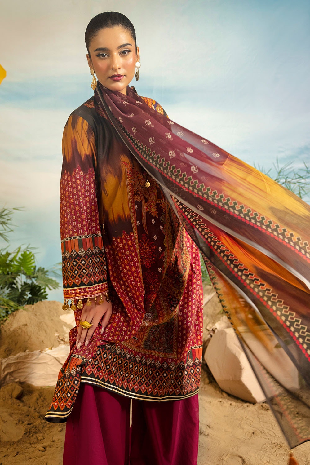 3 Piece Unstitched Printed Embroidered Lawn Suit with Printed Chiffon Dupatta MFL-42011