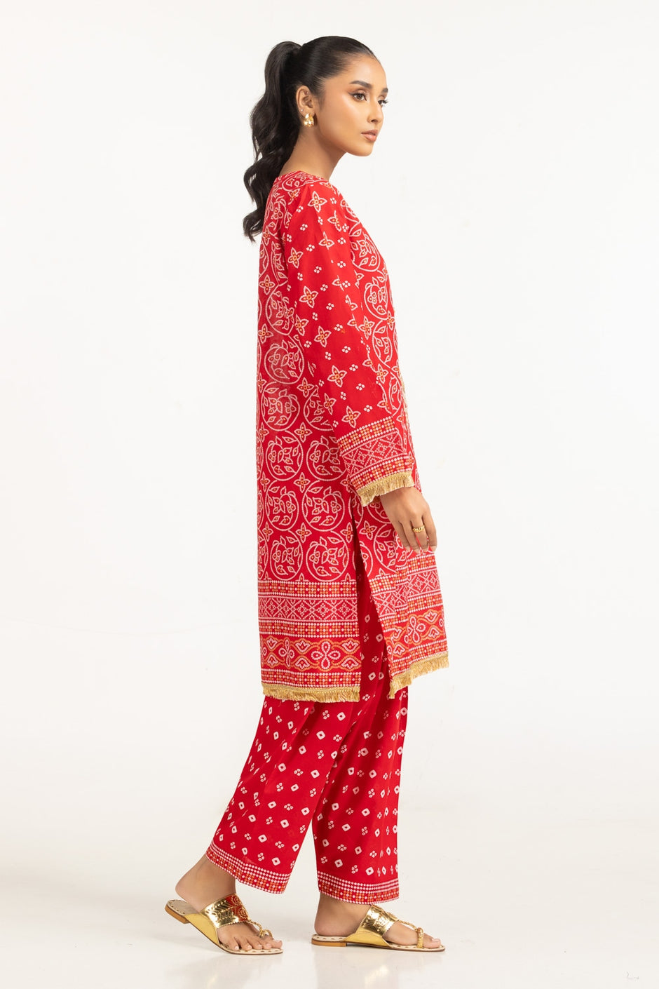 Lawn Gold Printed Shirt And Shalwar With Embroidered
