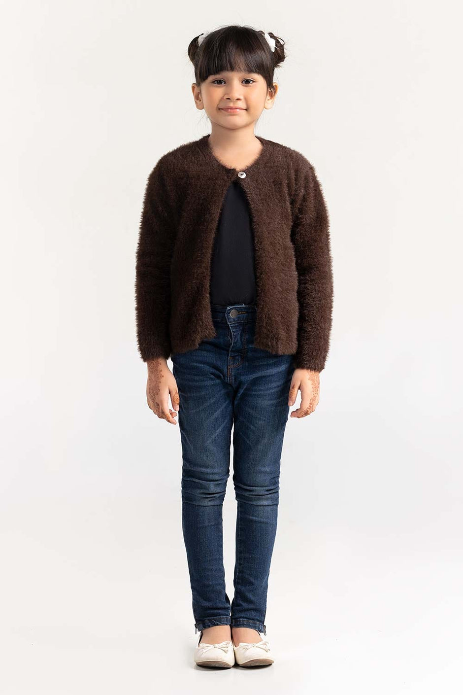 Dark Brown Feather Yarn Front Open Cardigan SWK-FW21-106