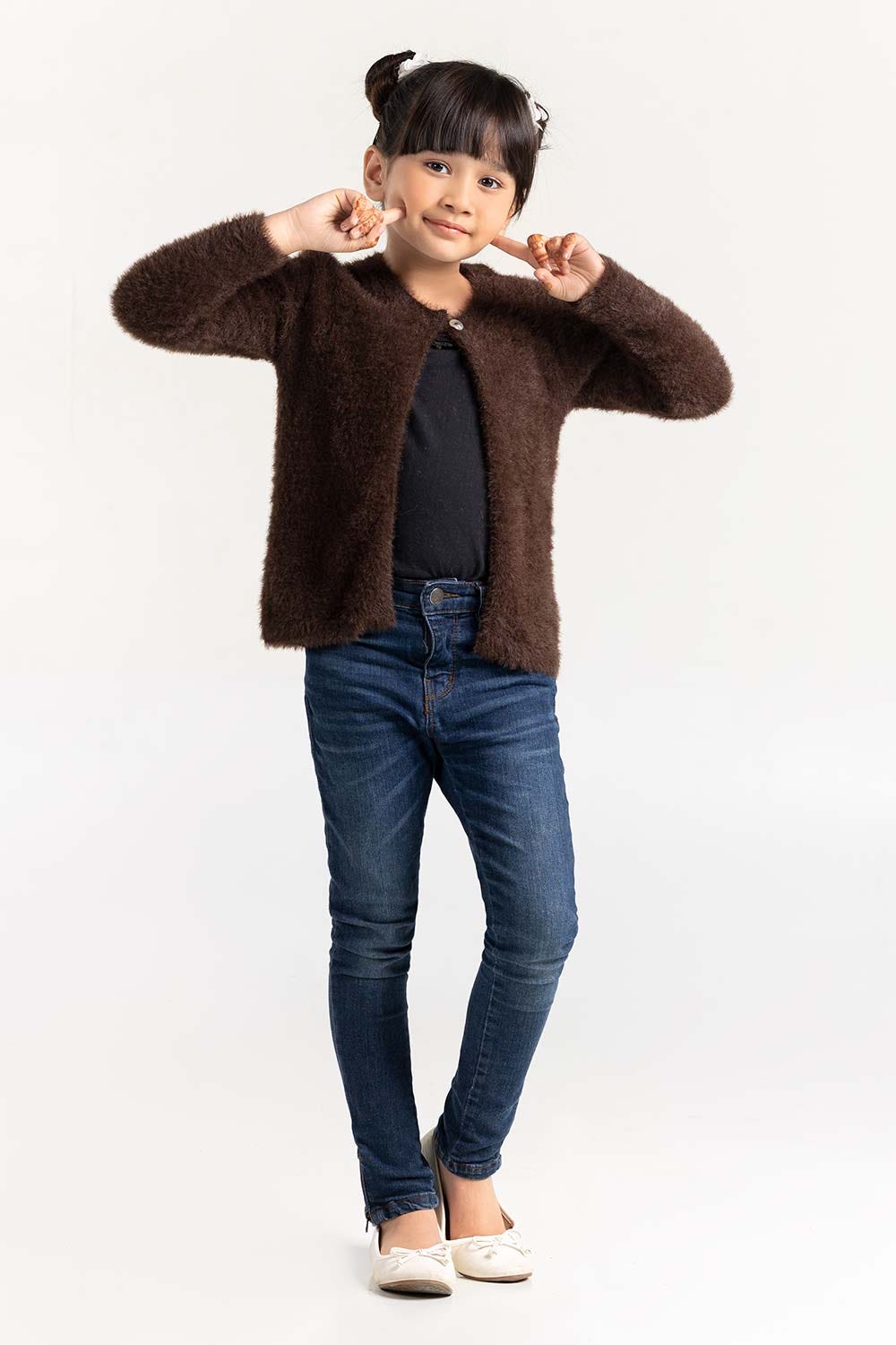 Dark Brown Feather Yarn Front Open Cardigan SWK-FW21-106