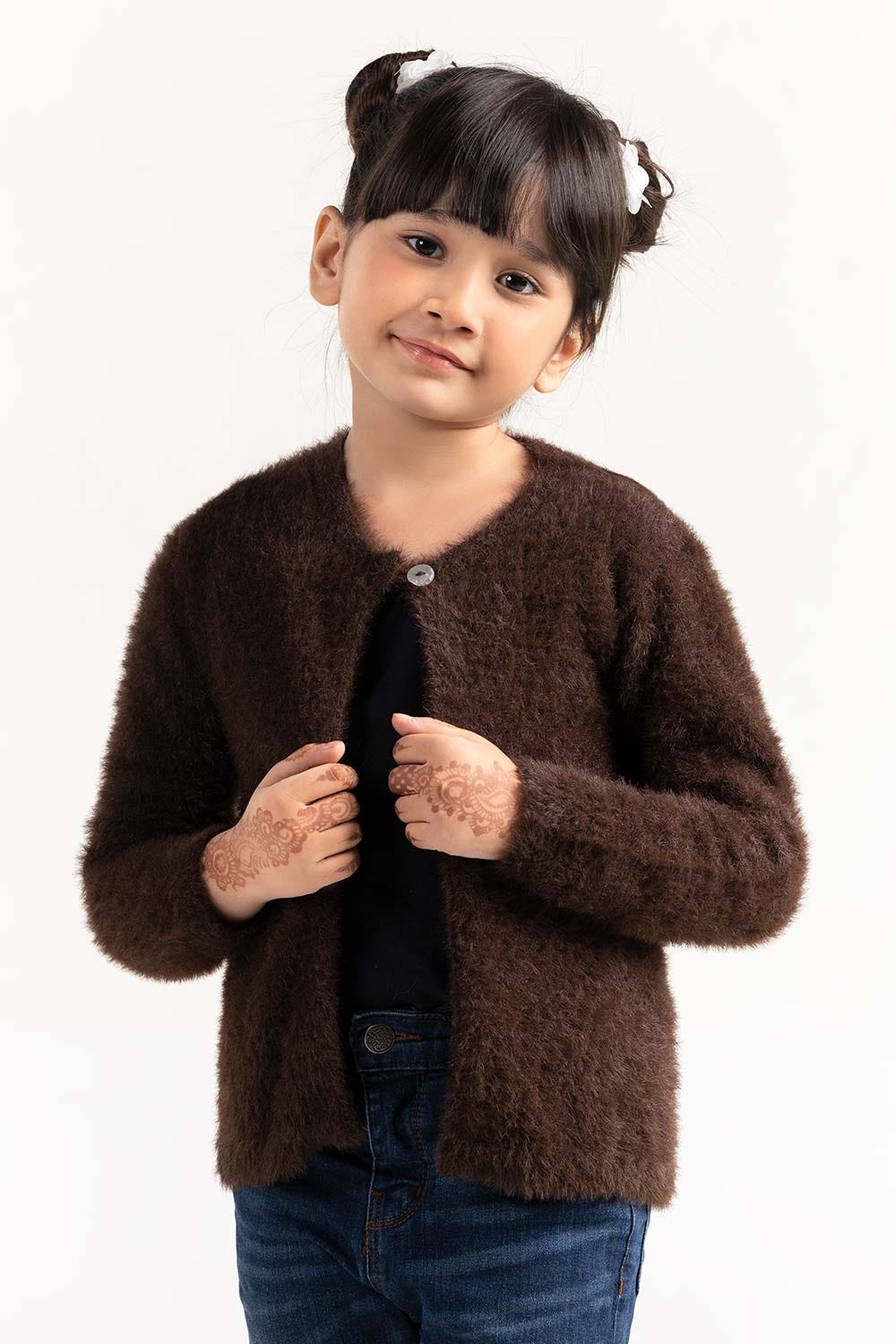 Dark Brown Feather Yarn Front Open Cardigan SWK-FW21-106