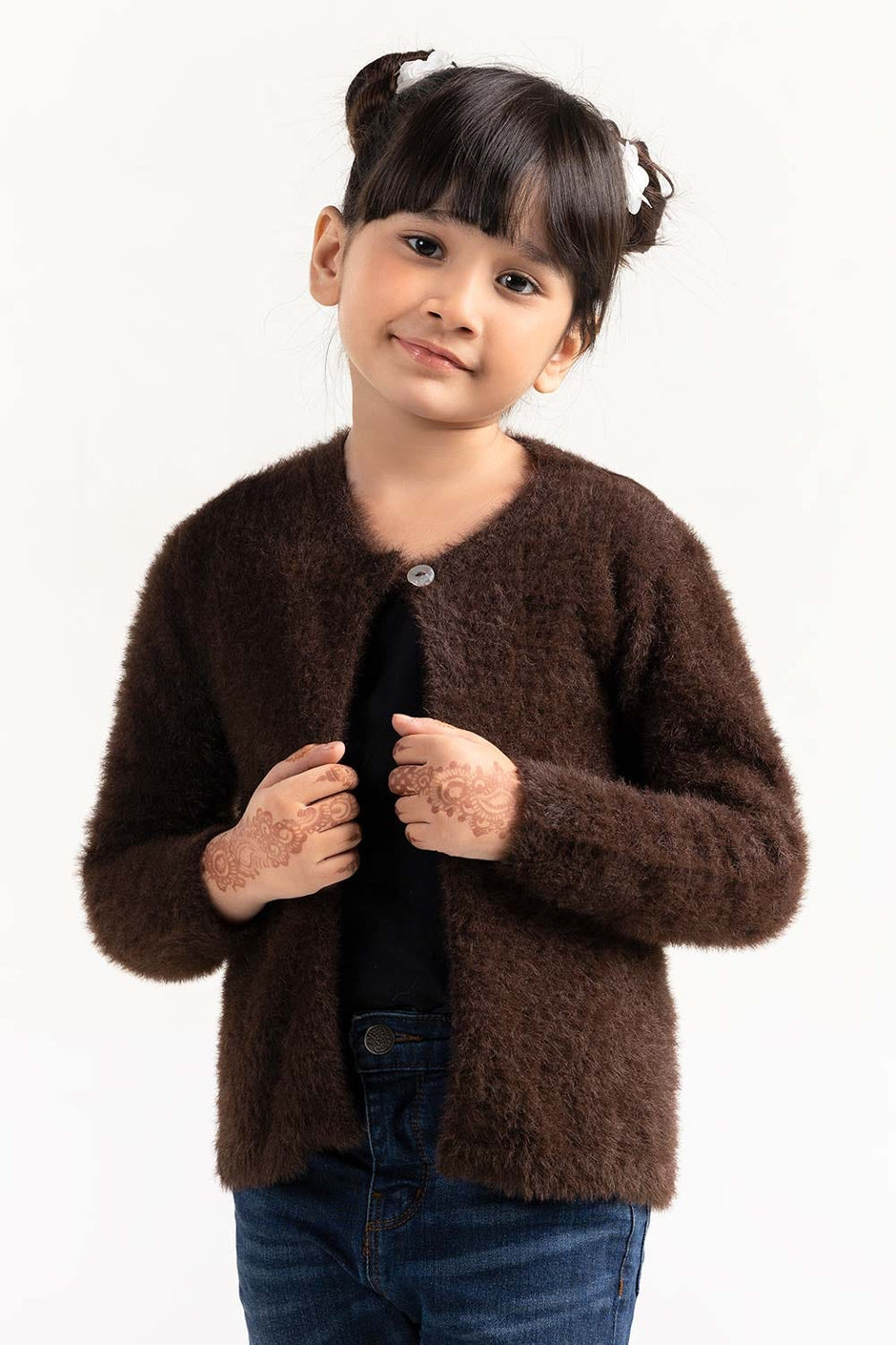 Dark Brown Feather Yarn Front Open Cardigan SWK-FW21-106