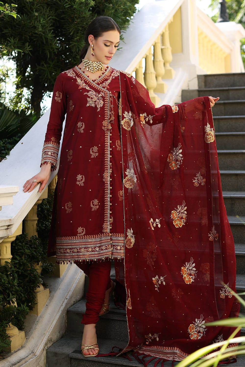 3 Piece Embroidered Jacquard Unstitched Suit with Embroidered Cotton Net Dupatta