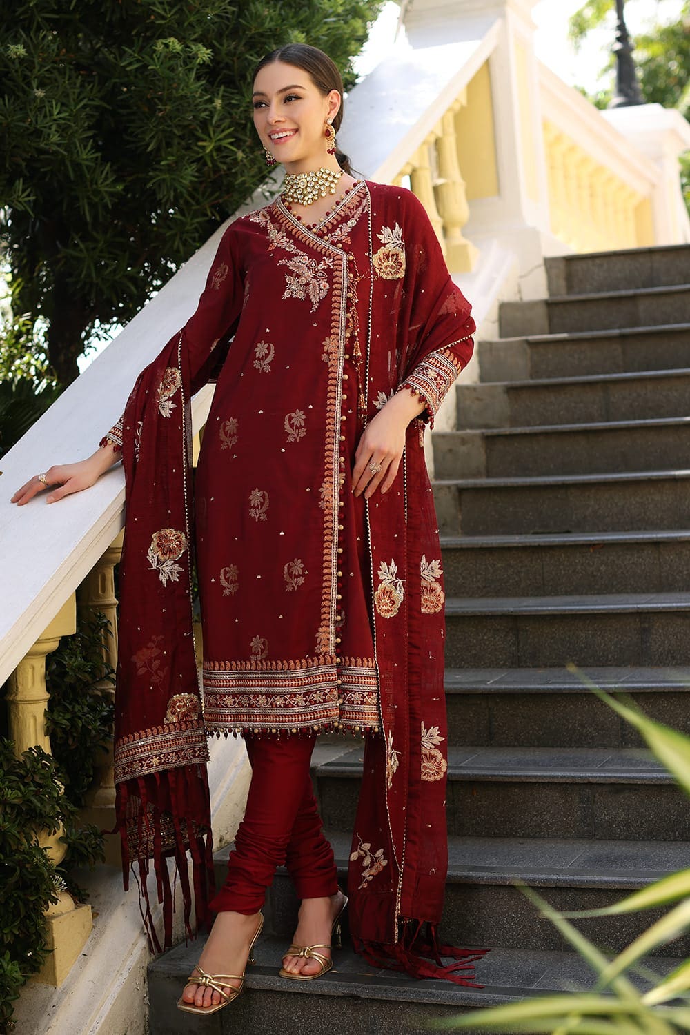 3 Piece Embroidered Jacquard Unstitched Suit with Embroidered Cotton Net Dupatta