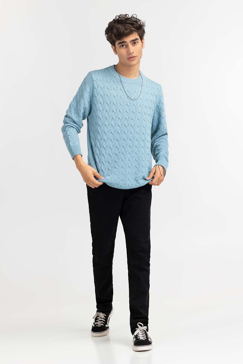 Light Blue Textured Crew Neck Sweater SWT-FFSCN22-224