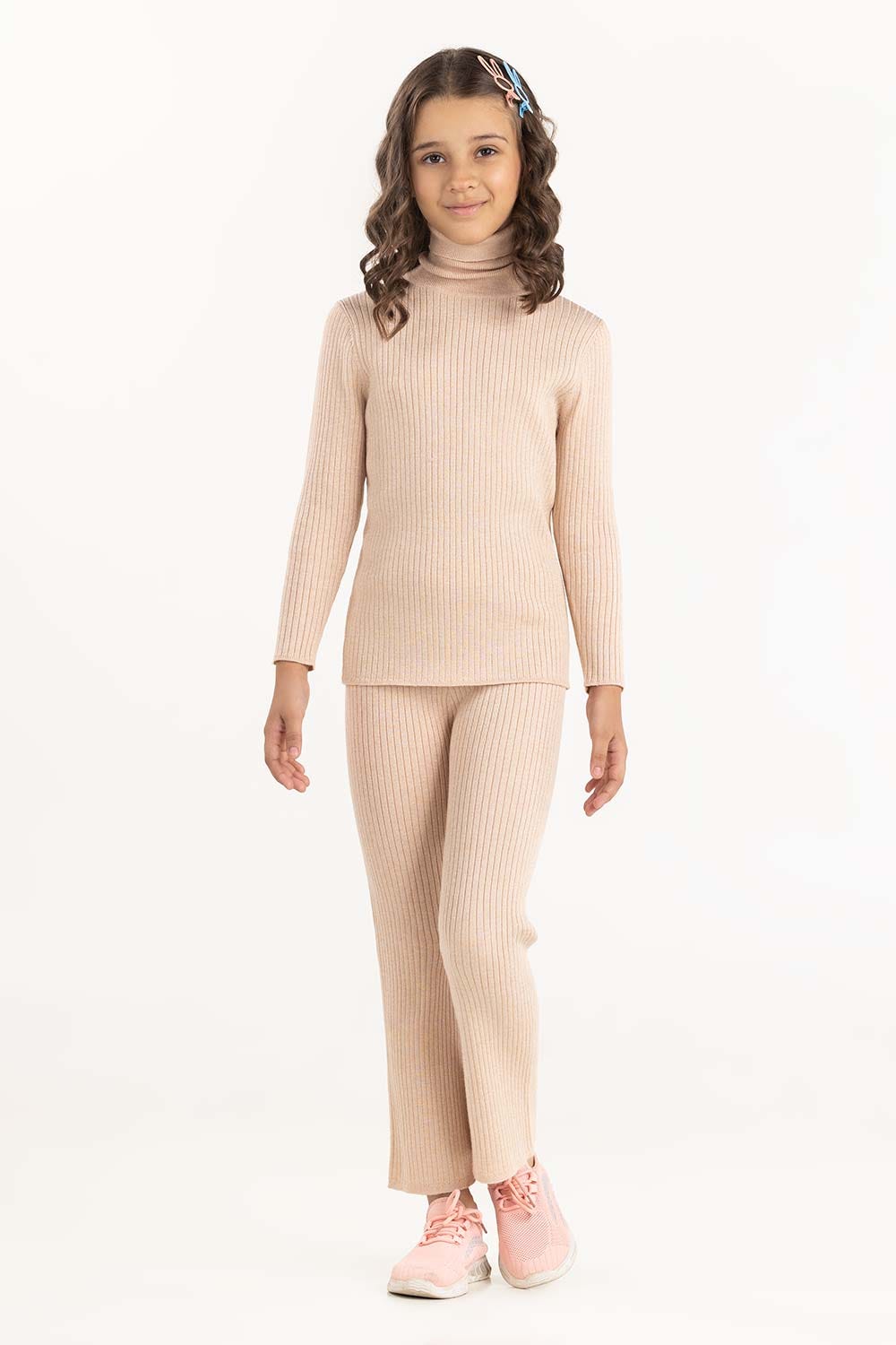 Junior Girl Light Beige Ribbed Sweater With Turtle Neck 224-416-303
