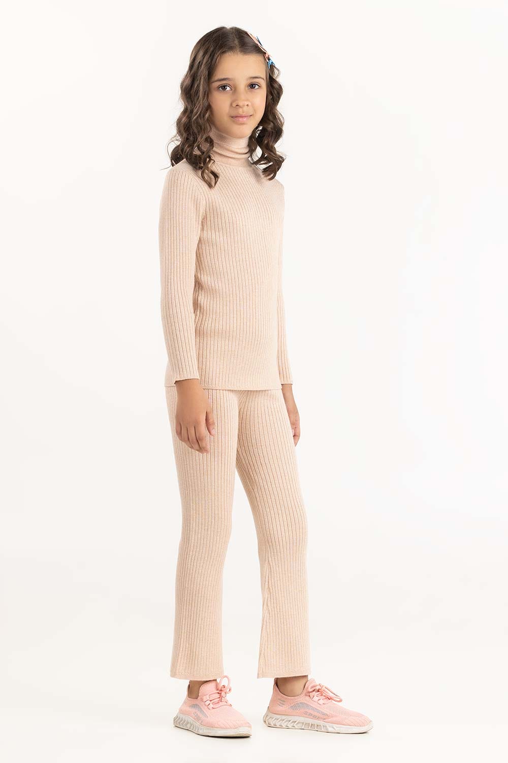 Junior Girl Light Beige Ribbed Sweater With Turtle Neck 224-416-303