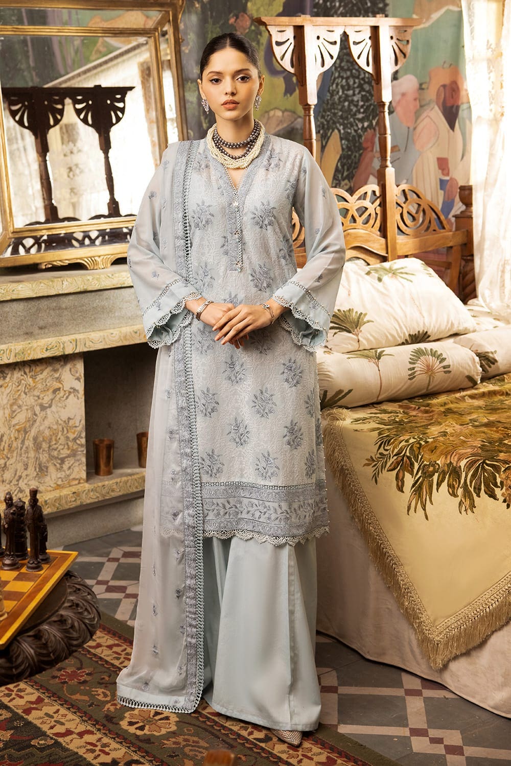 3 Piece Embroidered Swiss Voile Unstitched Suit with Embroidered Chiffon Dupatta and Inner LSV-42007