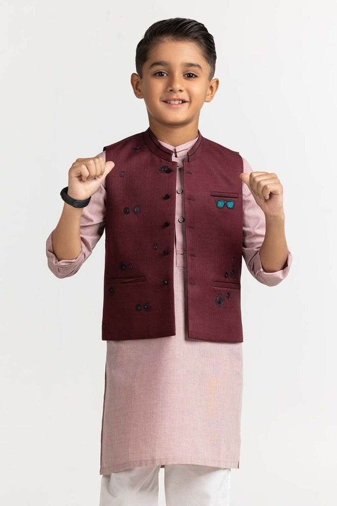 Gul Ahmed Maroon Embroidered Waist Coat KWC-PD23-009, view 1