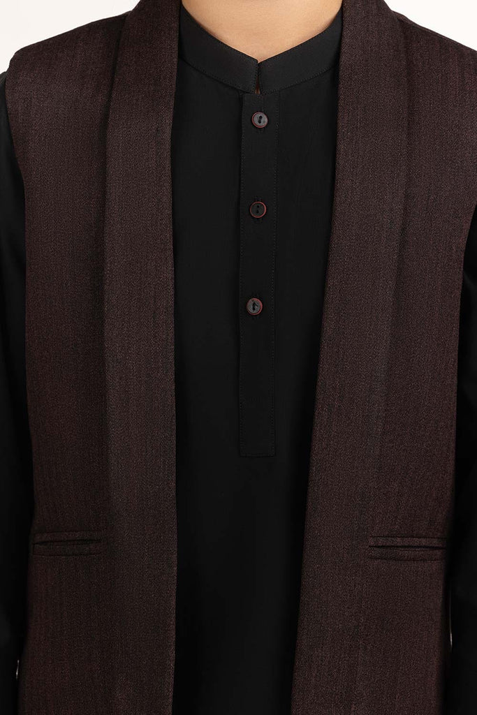Gul Ahmed Maroon Stylized Waist Coat KWC-PD23-005, view 1