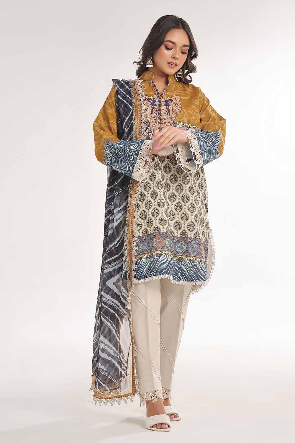 3 Piece Unstitched Printed Lawn Suit with Chiffon Dupatta