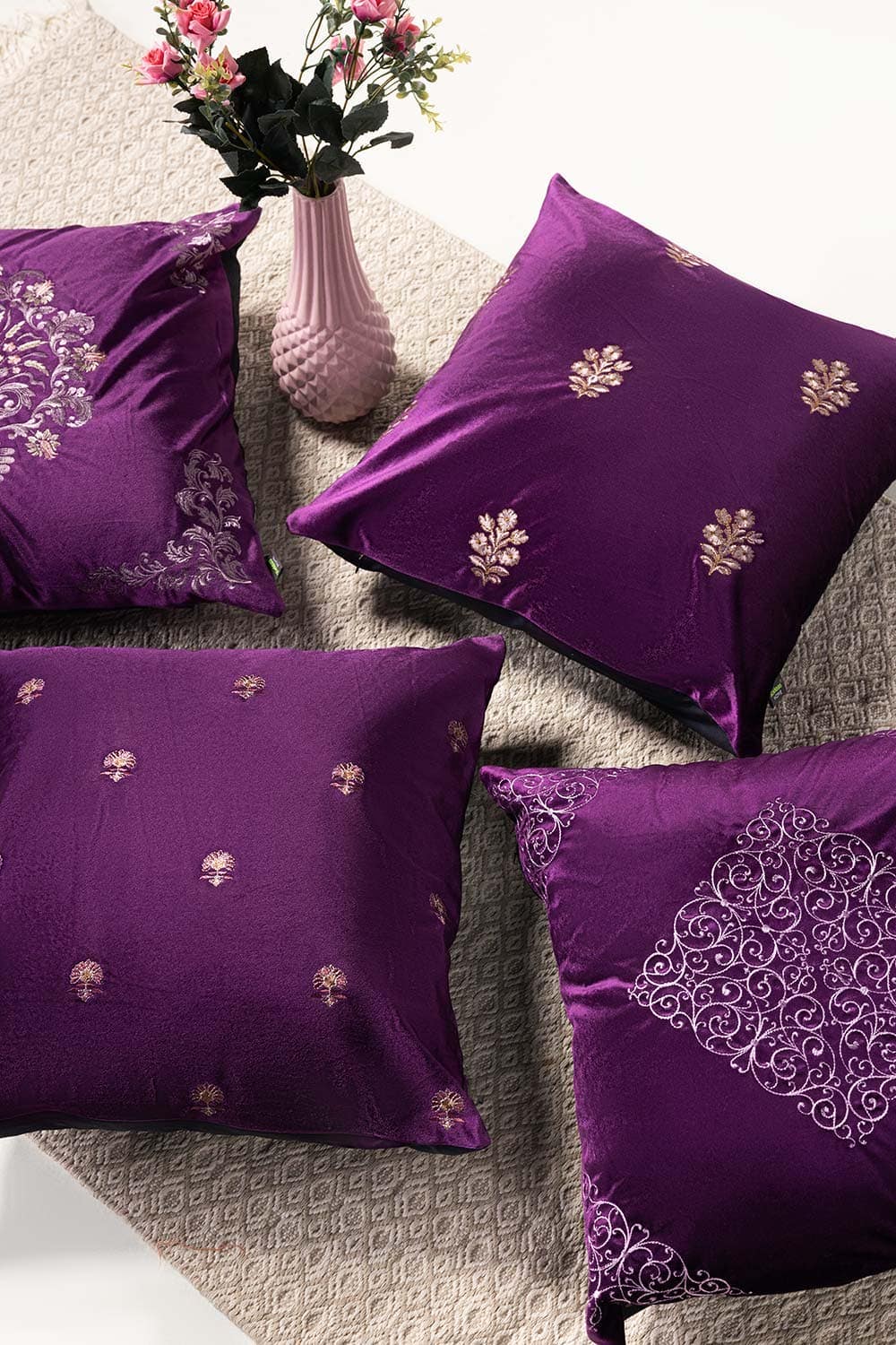 Mughal Floral Velvet Embroidered Cushion Cover