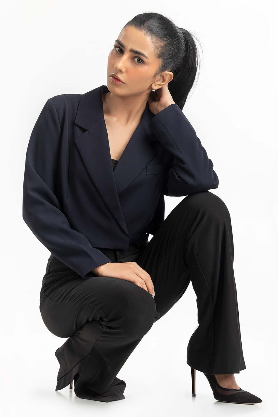 Navy Cropped Blazer 224-210-024
