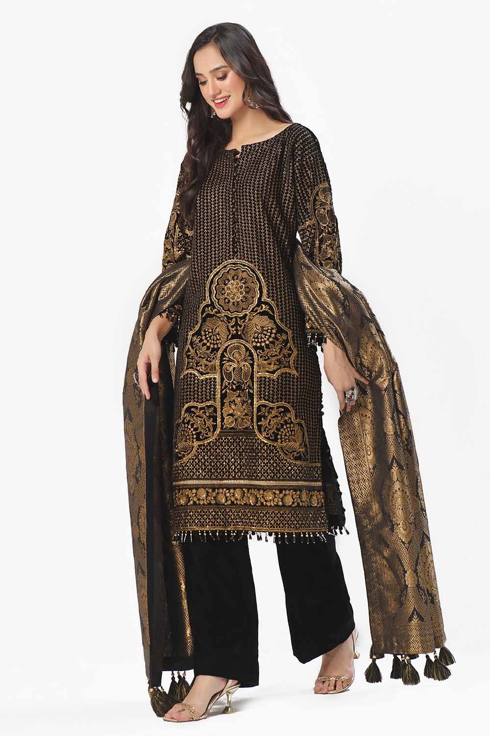 3 Piece Unstitched Embroidered Velvet Suit with Jacquard Dupatta NS-42001