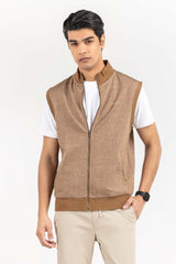 Oatmeal Mock Neck Zipper Gilet JKT-KNTVST22-065