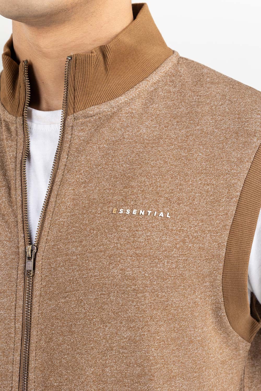 Oatmeal Mock Neck Zipper Gilet JKT-KNTVST22-065