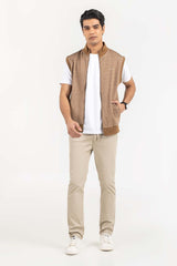 Oatmeal Mock Neck Zipper Gilet JKT-KNTVST22-065