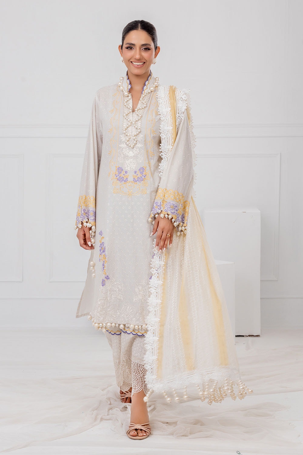 3 Piece Unstitched Embroidered Lawn Suit with Paper Cotton Dupatta FE-52019