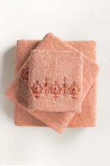 Peach 3 Pcs Combed Embroidered Towel Set
