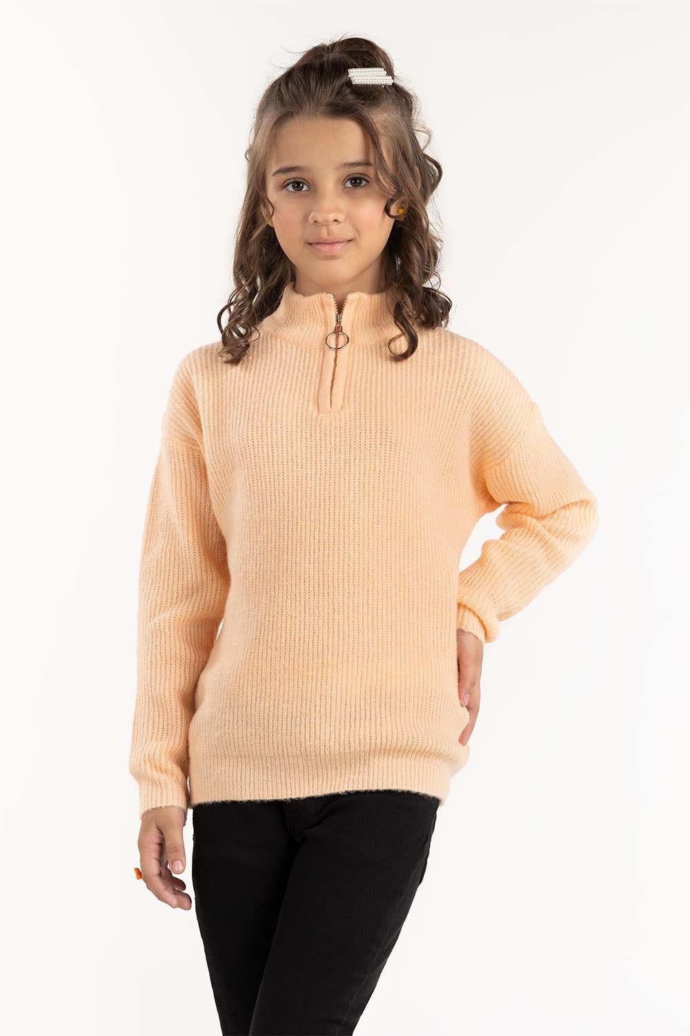 Junior Girl Peach Sweater With High-Neck 224-411-010