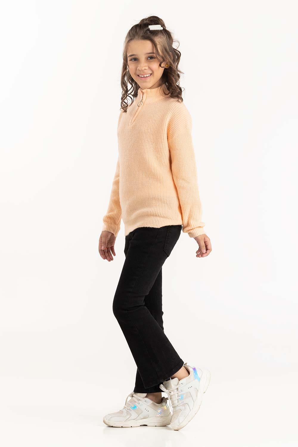 Junior Girl Peach Sweater With High-Neck 224-411-010