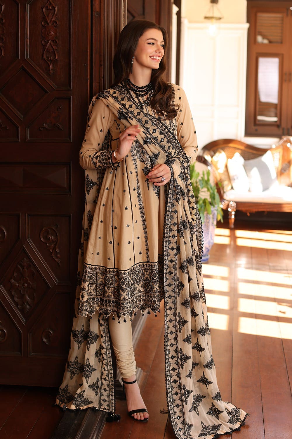 3 Piece Embroidered Lawn Unstitched Suit with Embroidered Chiffon Dupatta with Sequins PM-42010