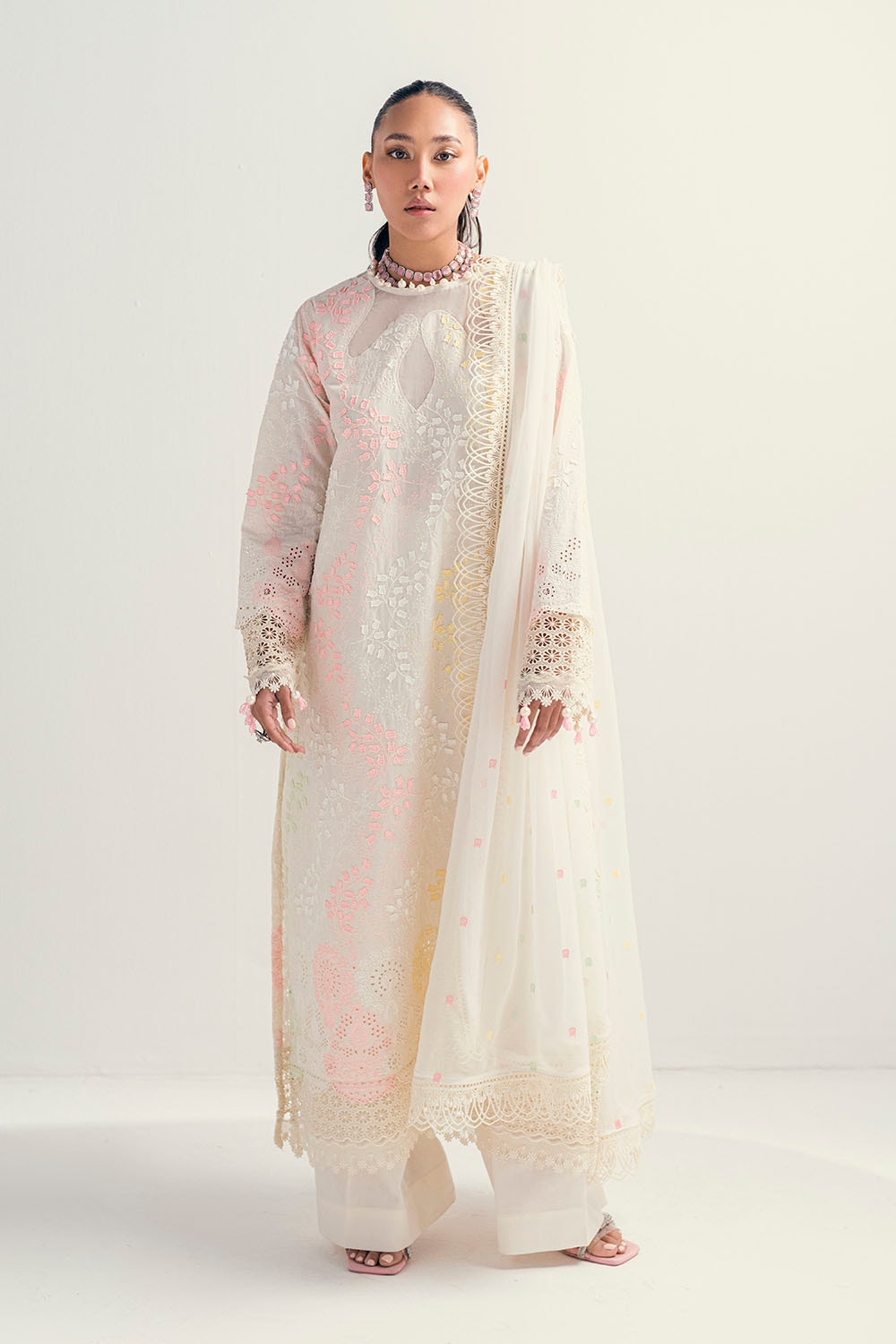 3 Piece Unstitched Schiffli Embroidered Lawn Suit with  Embroidered Chiffon Dupatta PM-52047