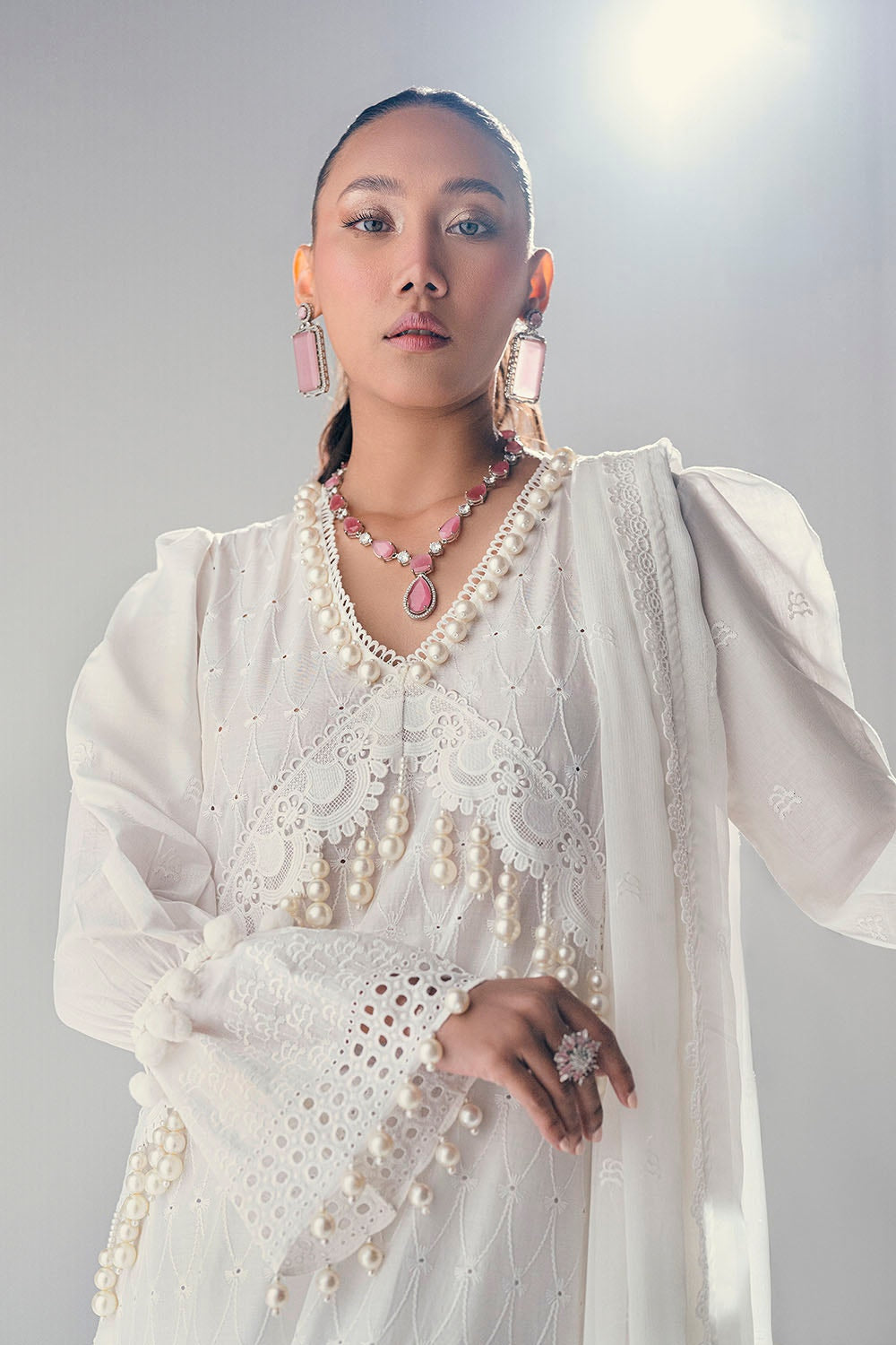 3 Piece Unstitched Schiffli Embroidered Lawn Suit with Schiffli Embroidered Chiffon Dupatta
