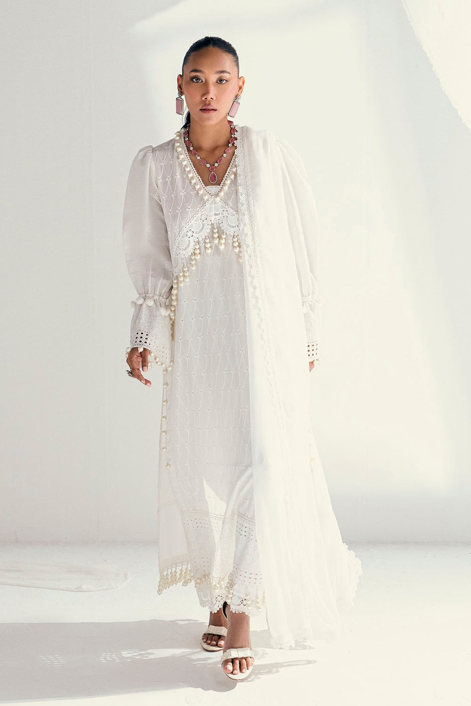 3 Piece Unstitched Schiffli Embroidered Lawn Suit with Schiffli Embroidered Chiffon Dupatta