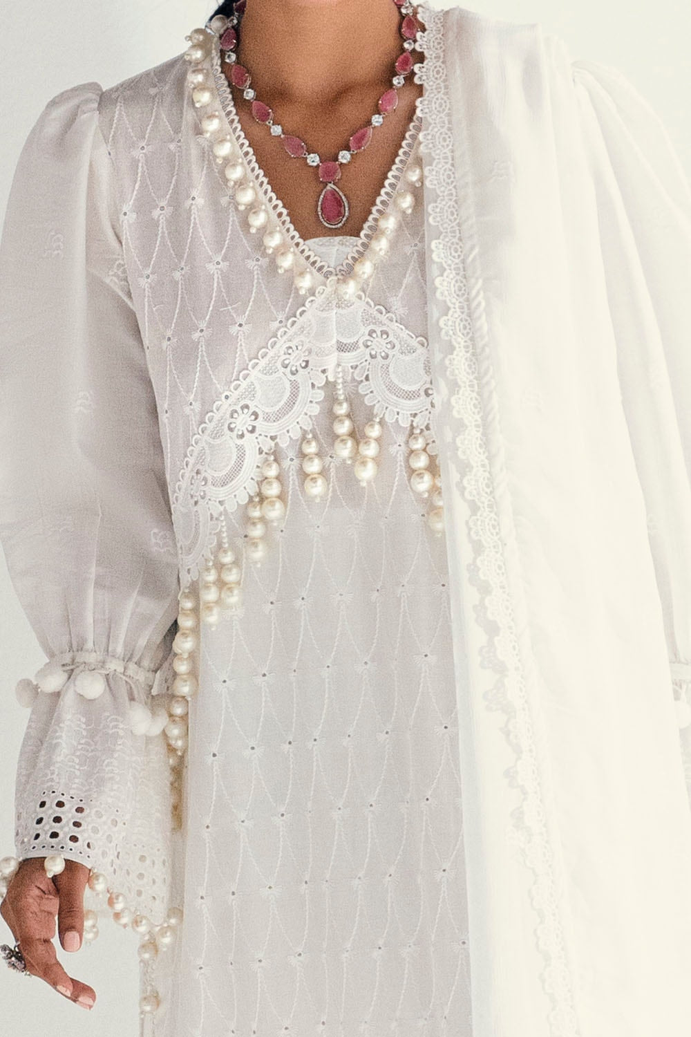 3 Piece Unstitched Schiffli Embroidered Lawn Suit with Schiffli Embroidered Chiffon Dupatta