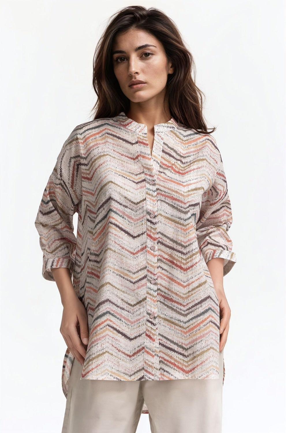 Printed-Ban-Collar Button Down Shirt WM-CS-SS24-044