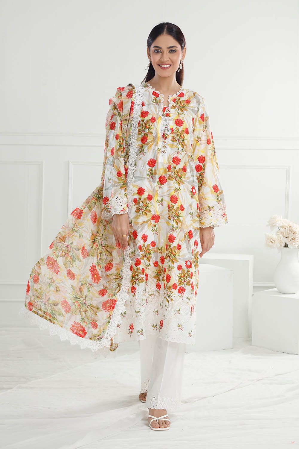 3 Piece Unstitched Embroidered Printed Lawn Suit with Printed Chiffon Dupatta PR-52006