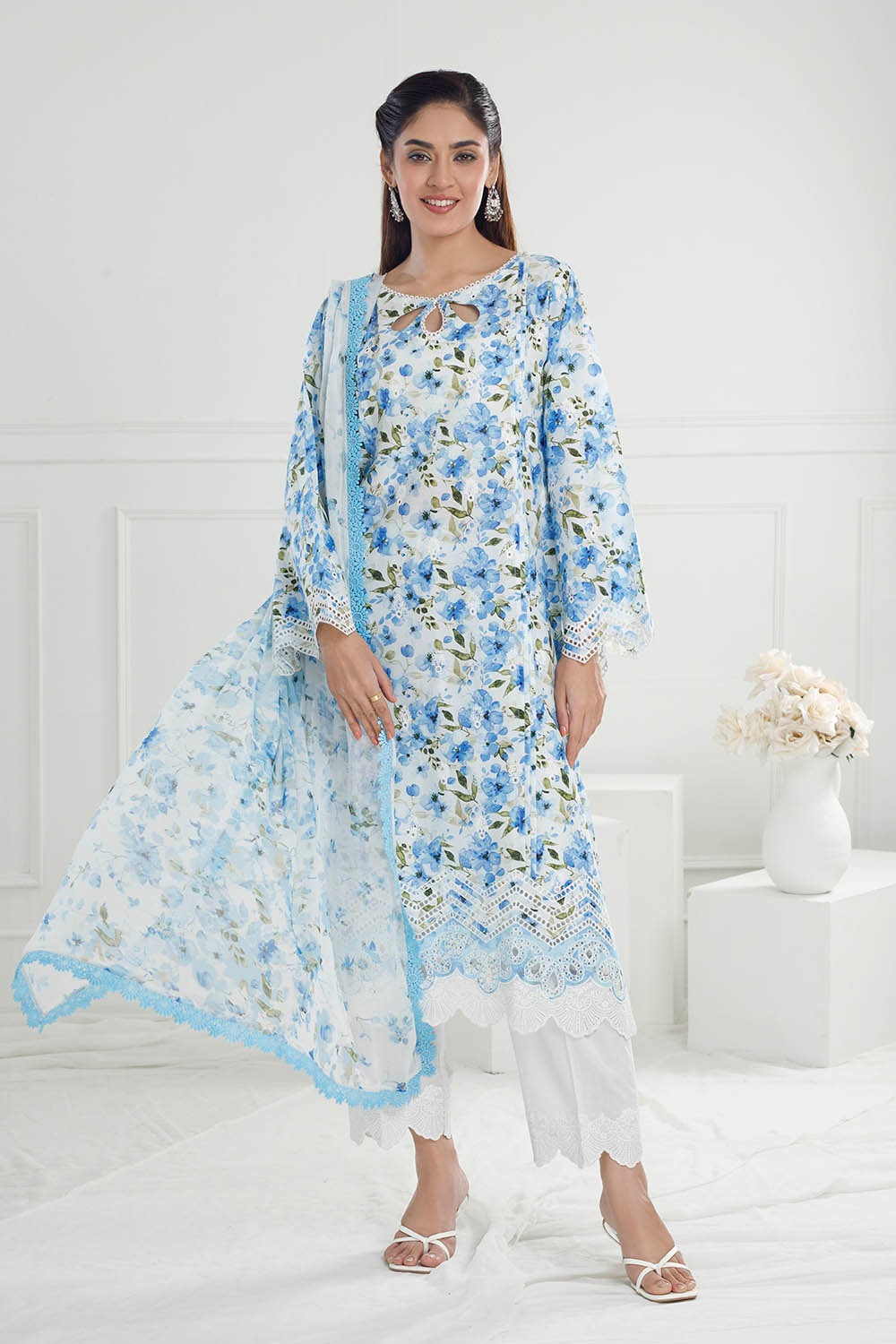 3 Piece Unstitched Embroidered Printed Lawn Suit with Printed Chiffon Dupatta PR-52010