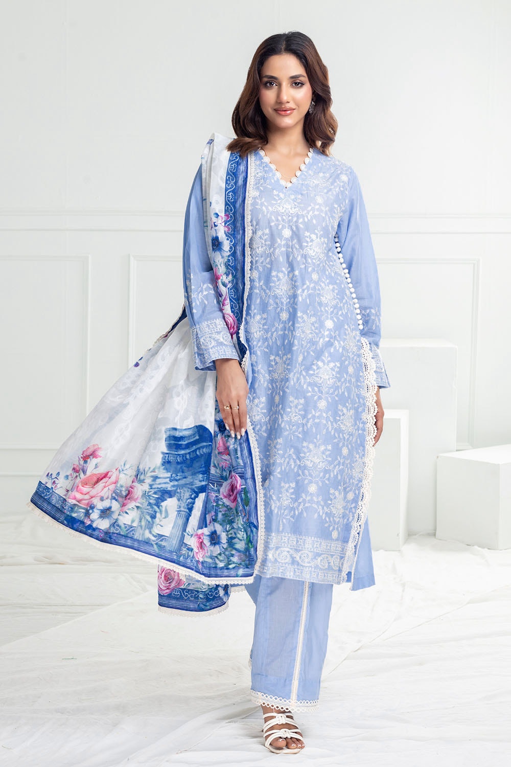 3 Piece Unstitched Embroidered Lawn Suit with Printed Jacquard Dupatta