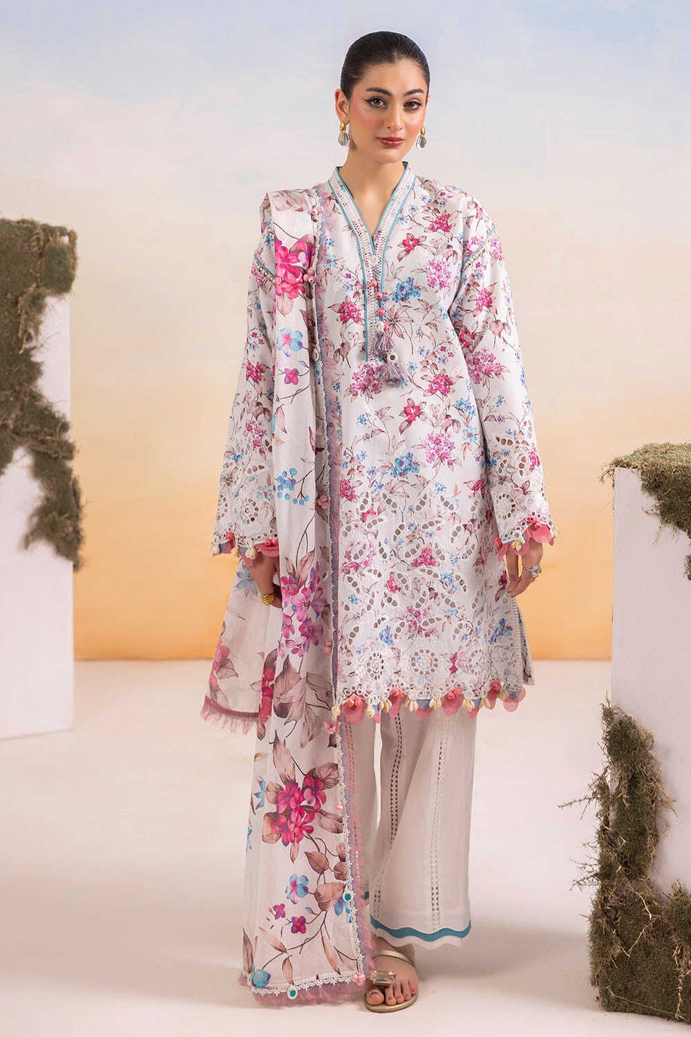 3 Piece Unstitched Schiffli Embroidered Lawn Suit with Printed Lawn Dupatta CL-52376