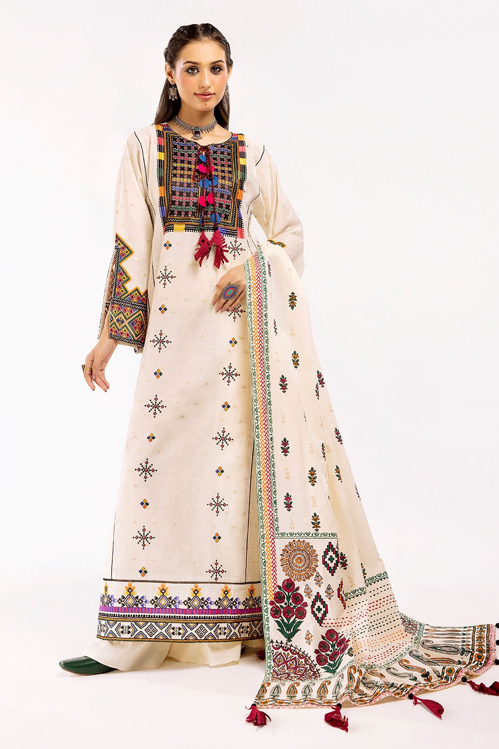 3 Piece Unstitched Embroidered Zari Jacquard Suit with Gold Printed Lawn Dupatta