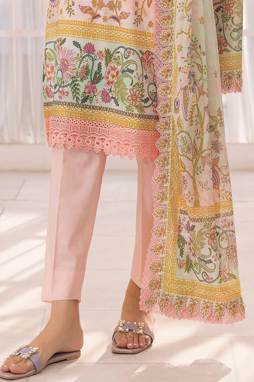 3 Piece Unstitched Printed Lawn Suit Schiffli Lace with Printed Lawn Dupatta CL-52097