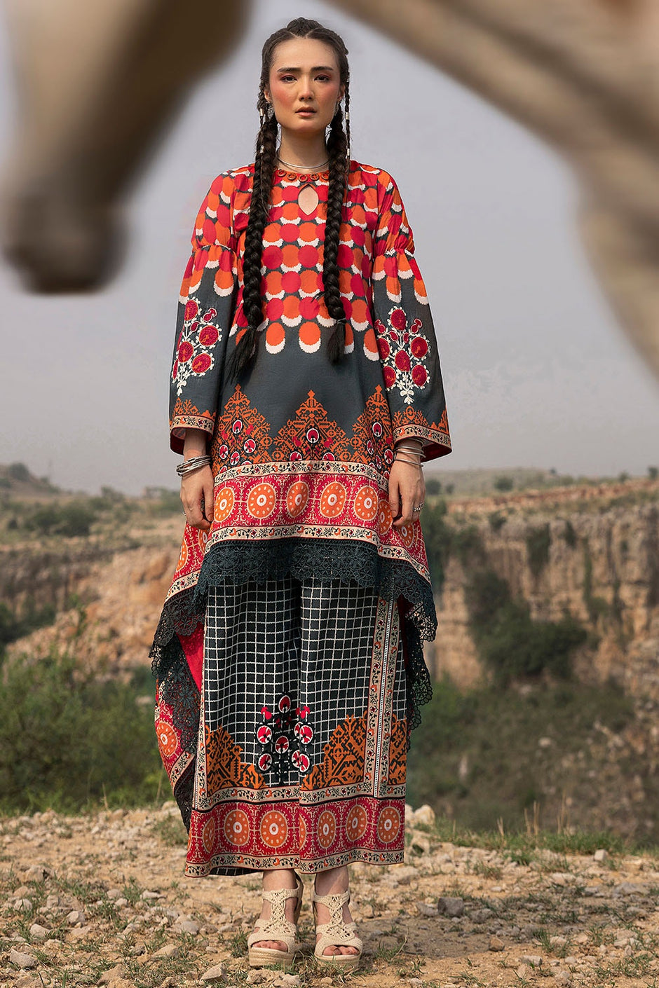 2 Piece Unstitched Printed Lawn Suit with Embroidered Bunches on Organza