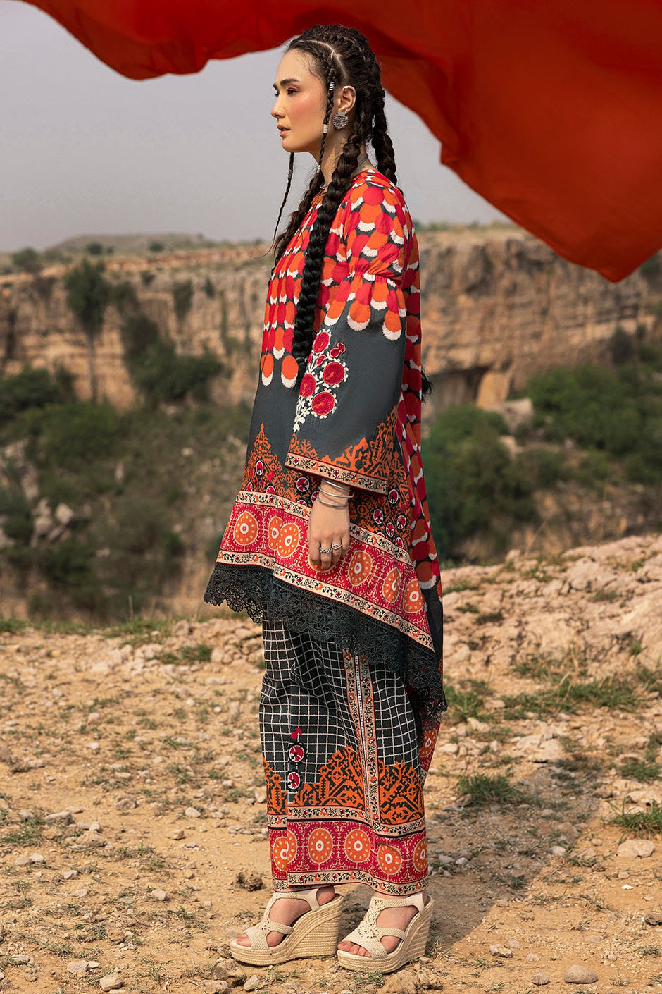 2 Piece Unstitched Printed Lawn Suit with Embroidered Bunches on Organza