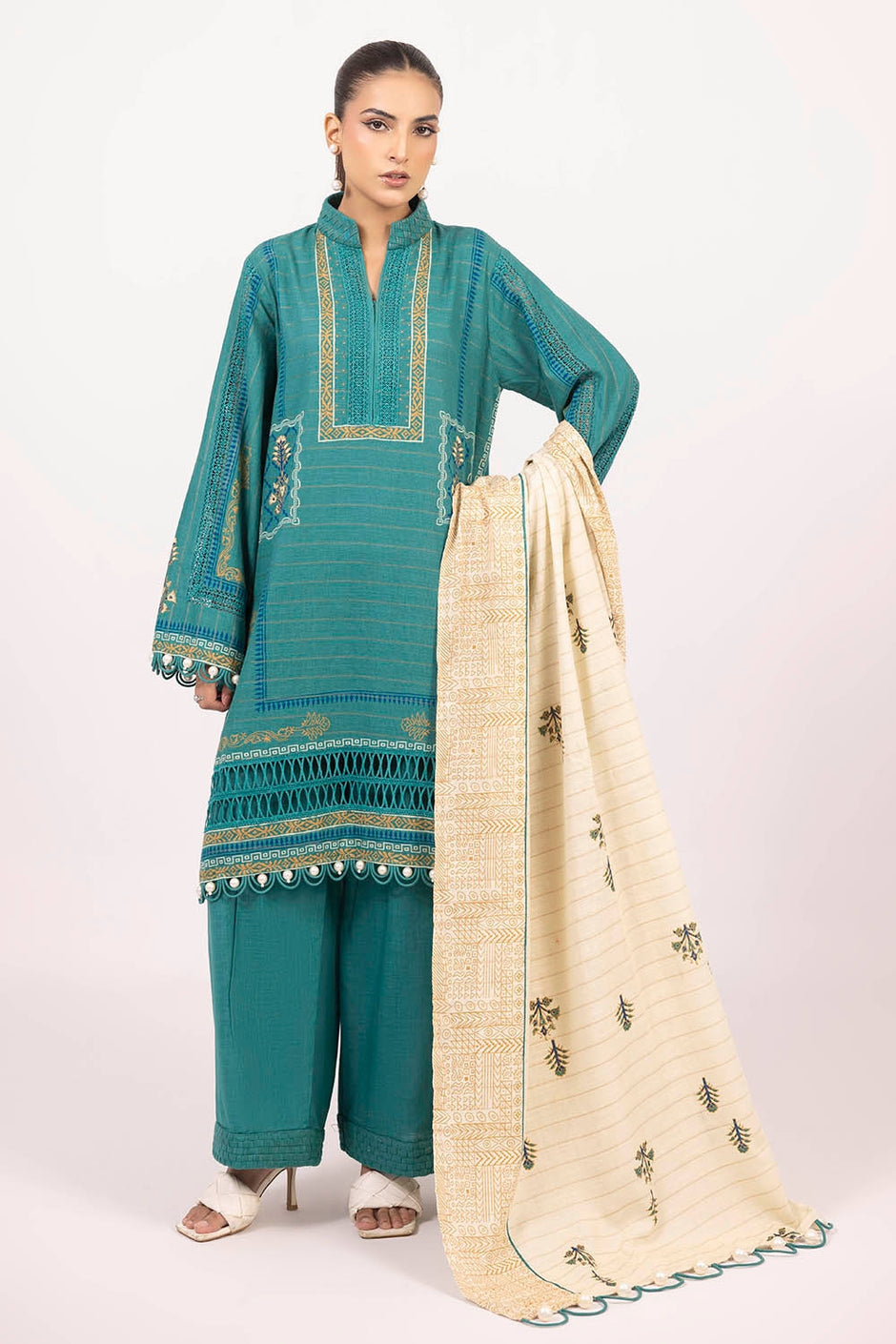 3 Piece Unstitched Mehsuri Stripe Khaddar Suit