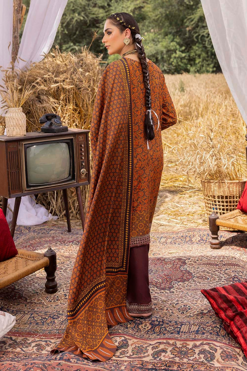 3 Piece Unstitched Embroidered Raw Silk Printed Suit