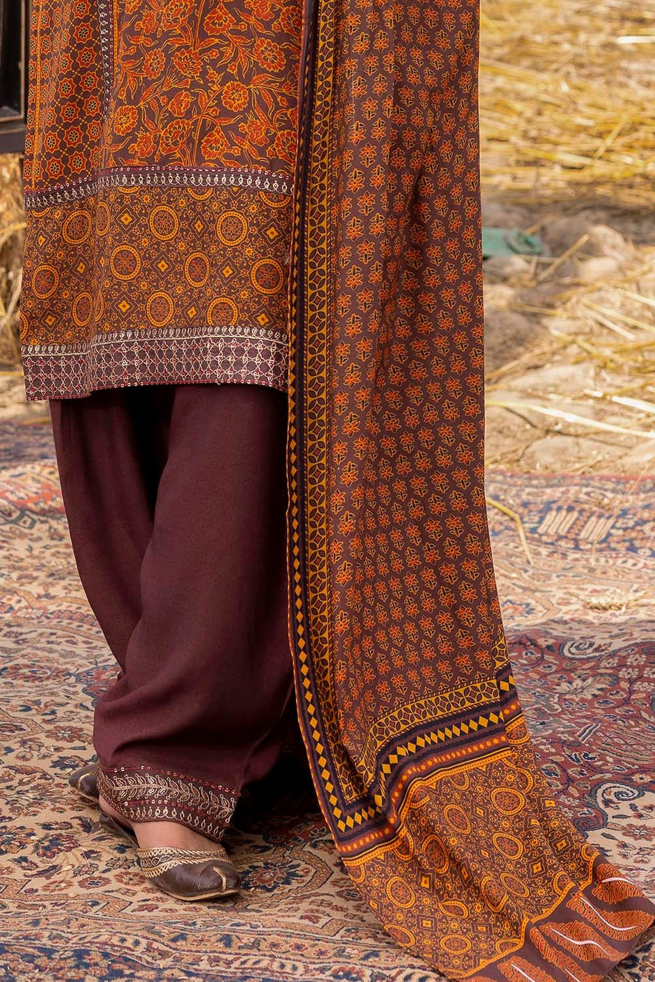 3 Piece Unstitched Embroidered Raw Silk Printed Suit