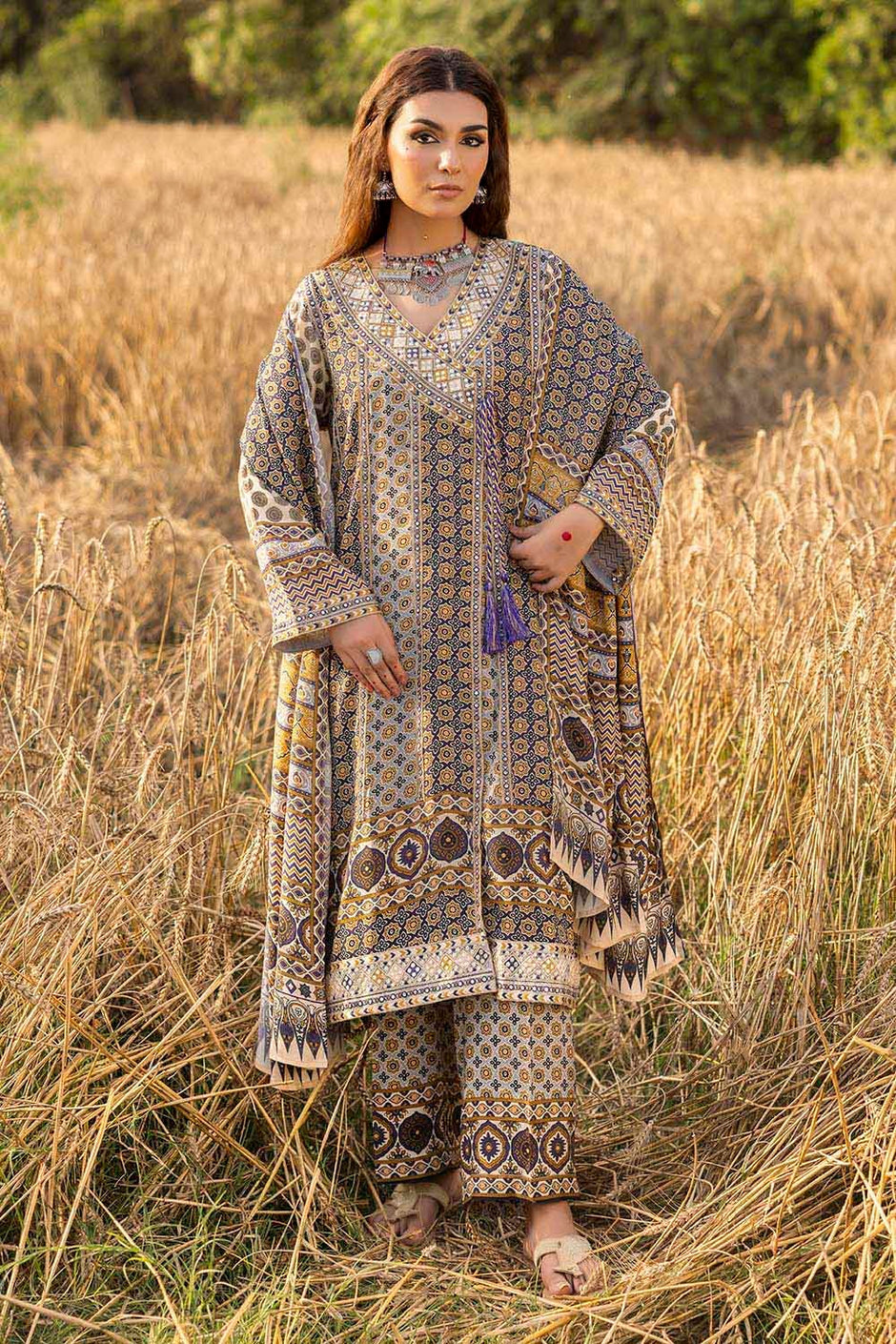 3 Piece Unstitched Embroidered Raw Silk Printed Suit