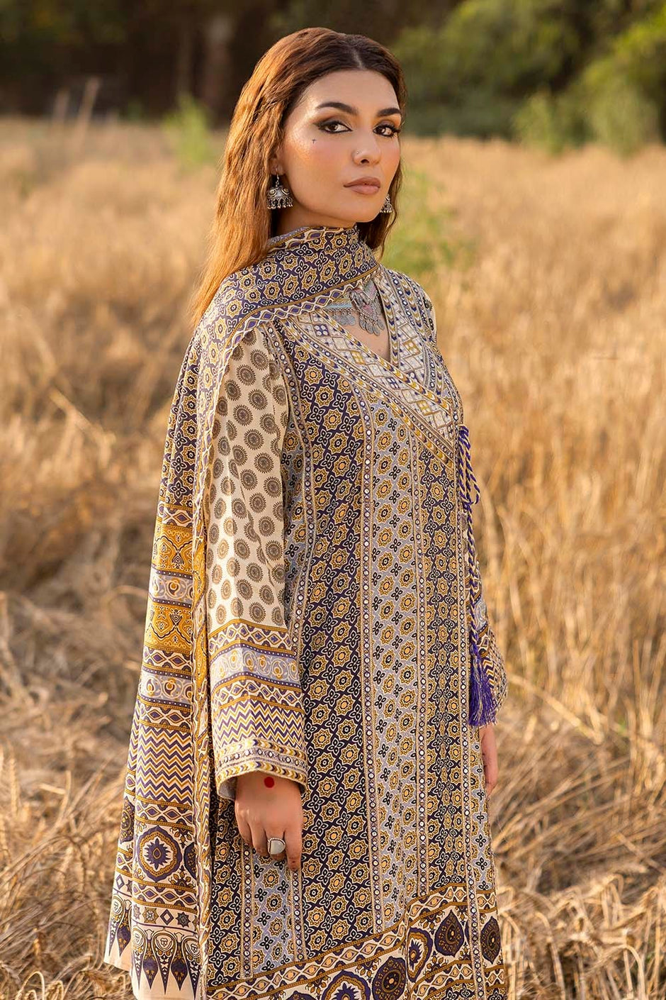 3 Piece Unstitched Embroidered Raw Silk Printed Suit