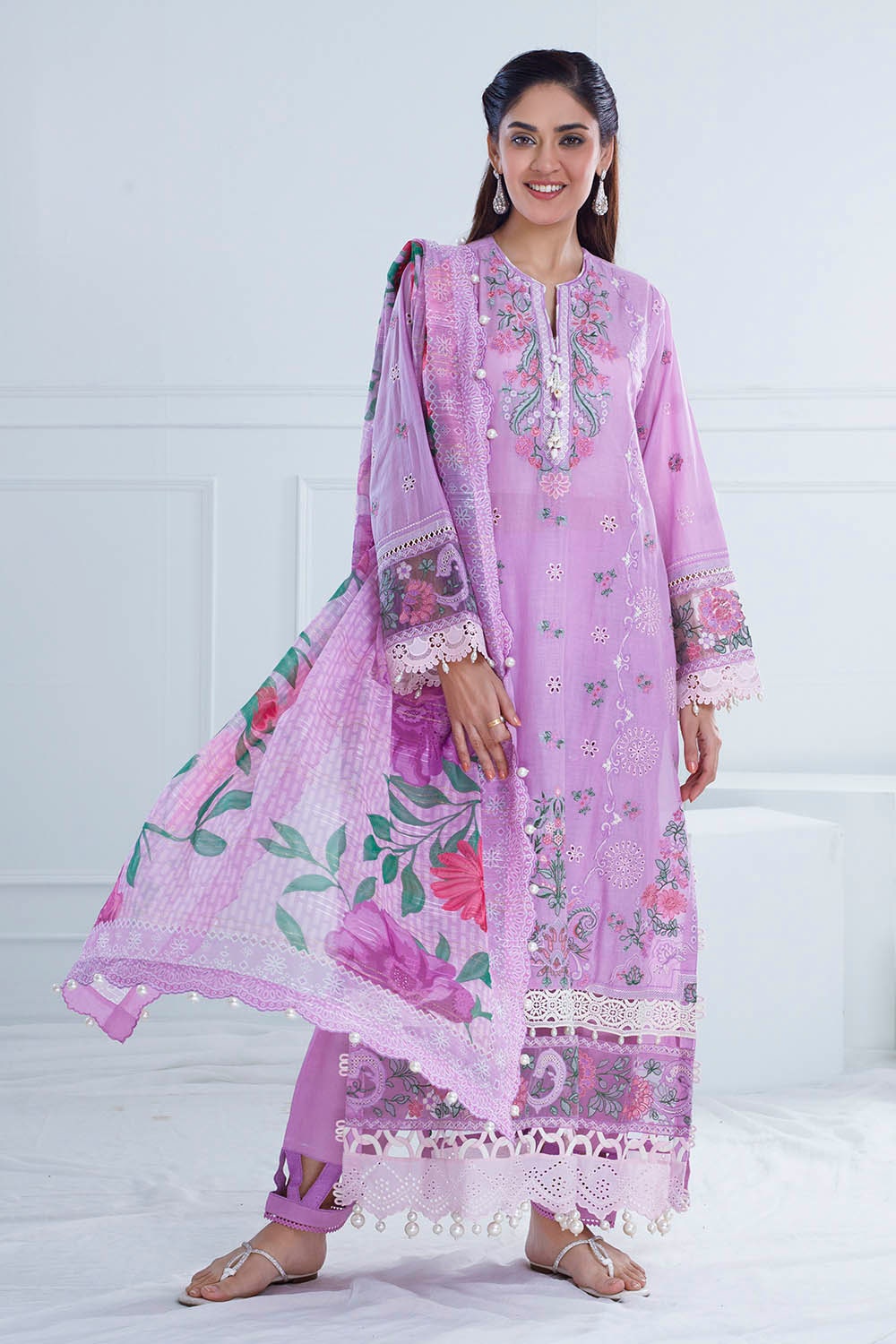 3 Piece Unstitched Embroidered Lawn Suit with Paper Cotton Dupatta SP-52042