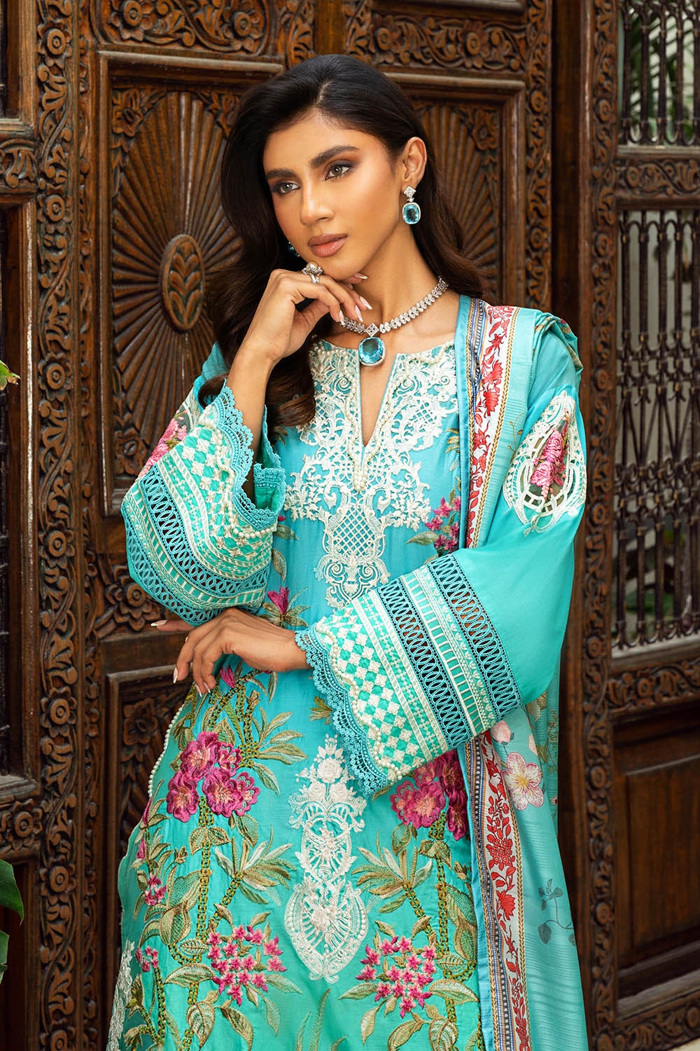 3 Piece Unstitched Embroidered Printed Lawn Suit with Printed Tussar Silk Dupatta SP-52045