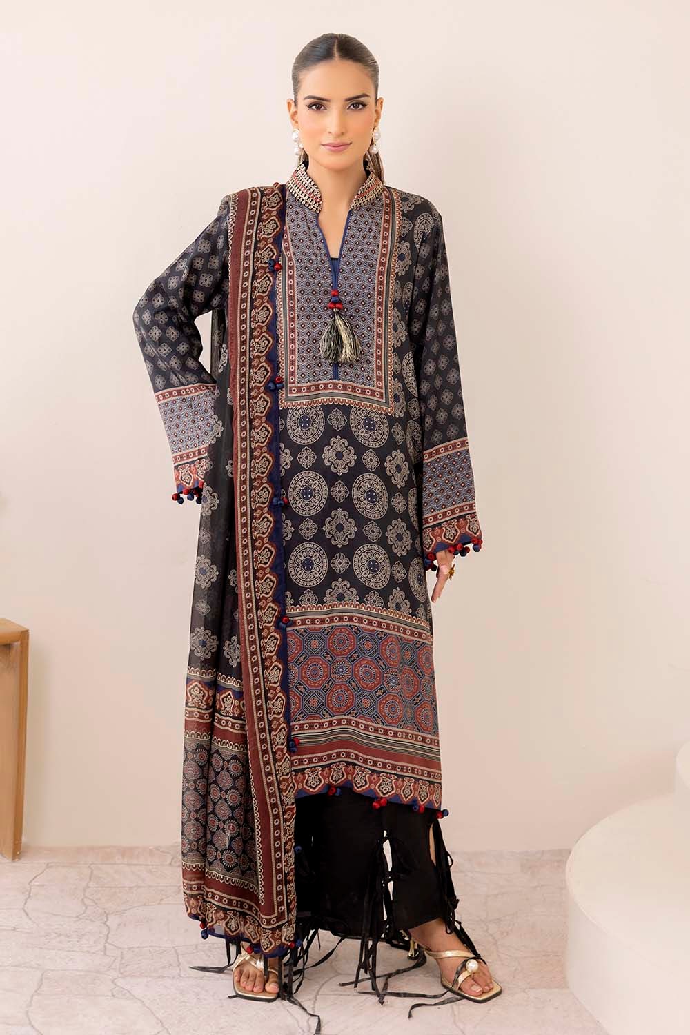 3 Piece Unstitched Embroidered Raw Silk Printed Suit