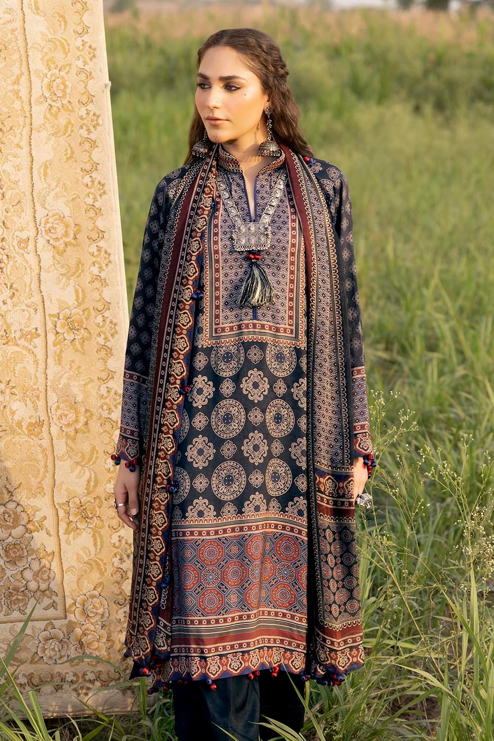 3 Piece Unstitched Embroidered Raw Silk Printed Suit
