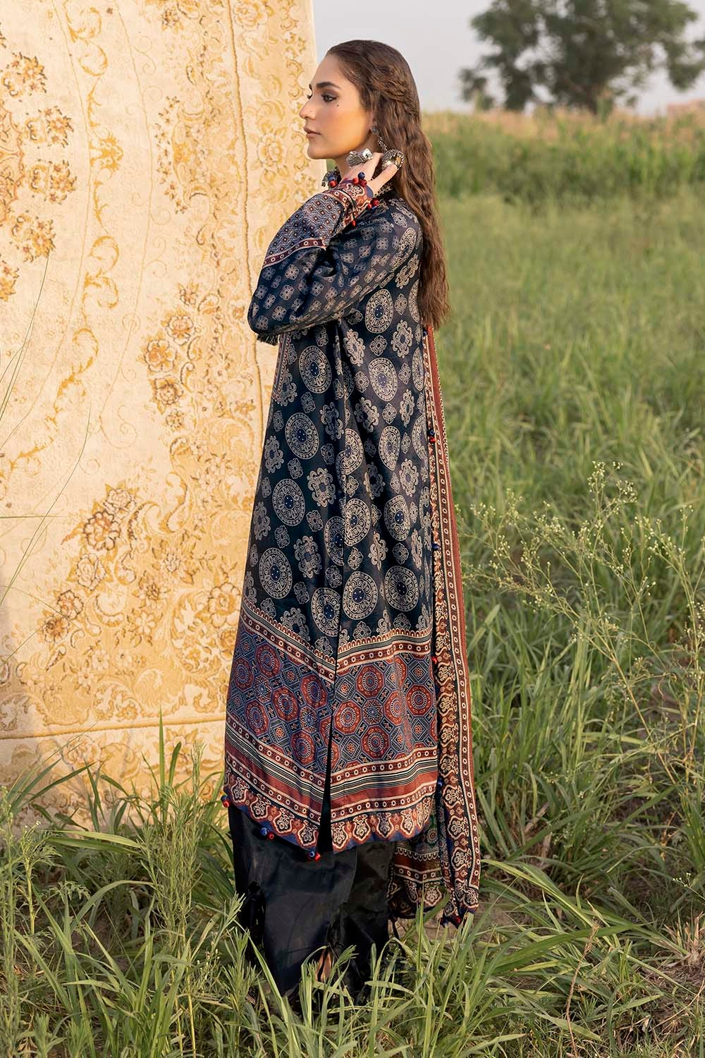 3 Piece Unstitched Embroidered Raw Silk Printed Suit