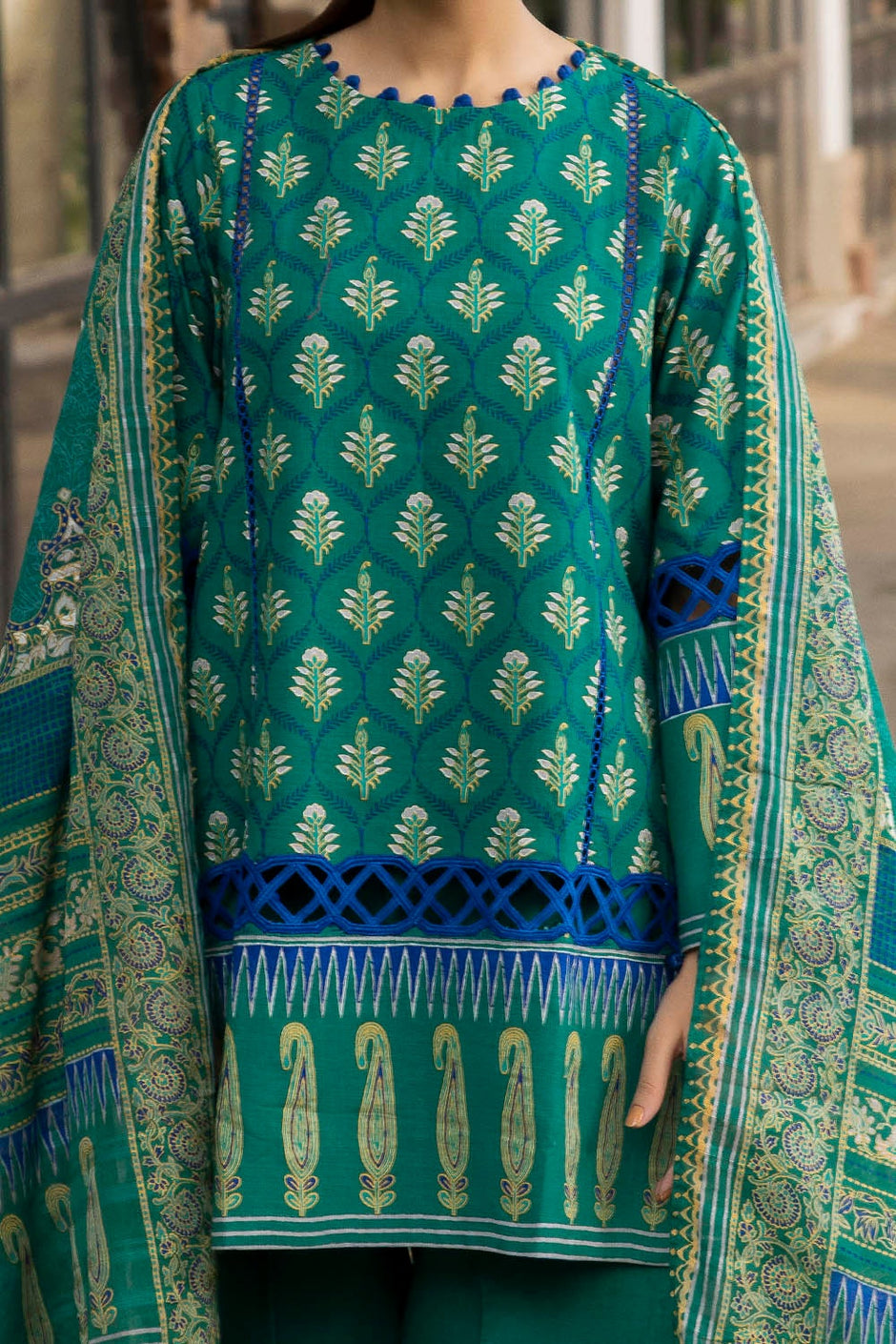 3 Piece Unstitched Printed Stripe Khaddar Suit
